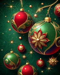 Dark green velvet background with shiny red baubles and golden sparkles, premium holiday design, copy space