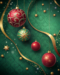 Dark green velvet background with shiny red baubles and golden sparkles, premium holiday design, copy space
