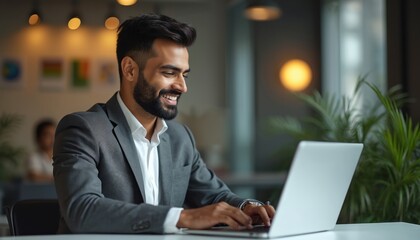 Smiling young Indian businessman in grey suit works on laptop at modern office desk. Analyzing digital information, looking confident, successful. Corporate environment suggests career growth,