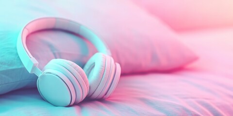 Serene Music Atmosphere - Soft Pastel Tones with Headphones on Pillow for Relaxation and Sleep Mode with Copy Space.