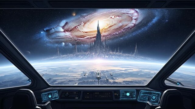 Spaceship cockpit view of a massive alien megastructure rising from a planet into a galaxy