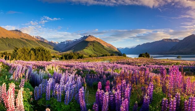 Beautiful Landscape Of Lupine Field In New Zealand