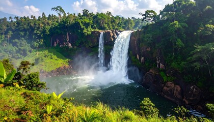 Majestic Waterfall Cascading Through Lush Rainforest
