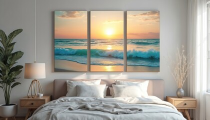 Three-panel modular wall art showcases a serene ocean sunset with crashing waves. Coastal artwork features pastel sky hues and tranquil blue water, perfect for modern living spaces.