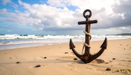 Rusty anchor on a sandy beach, ocean waves in the background