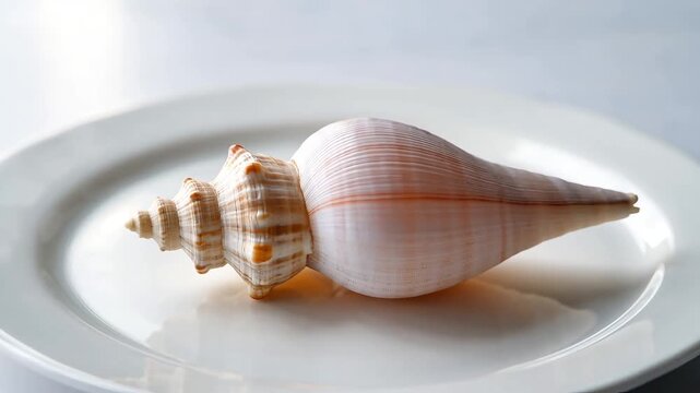 Close-up of a spiral conch seashell with a textured surface on a white plate with a bright background