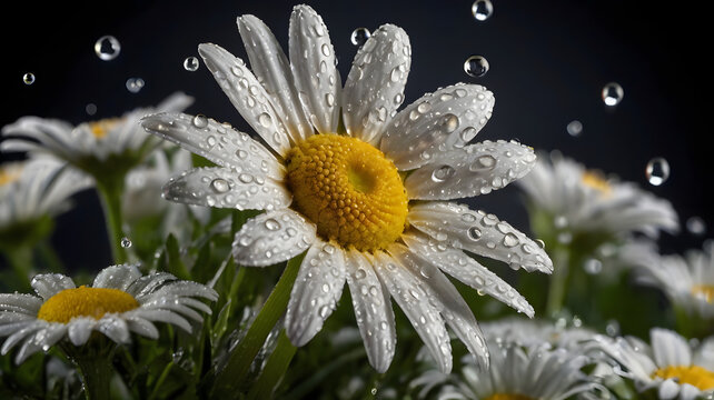 Macro close-up of white daisy flower with yellow center and water droplets on petals - Powered by Adobe