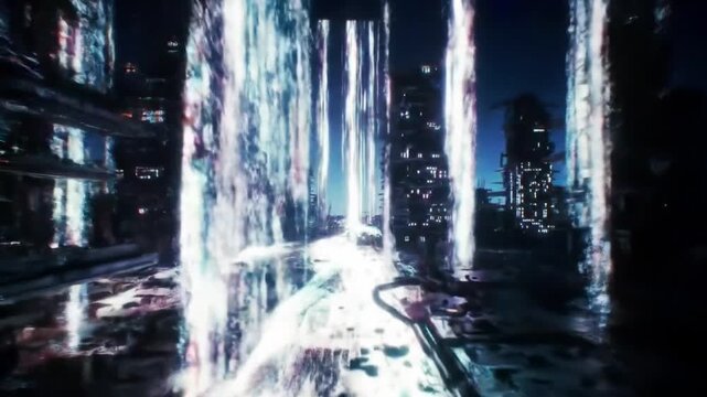 Futuristic Waterfall Display, Urban Landscape, Night Scene, Digital Artwork, High-Tech Environment, Aerial View, Concept Art