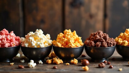 Assortment of gourmet popcorn flavors presented in dark bowls on rustic wooden table. Flavors include caramel, chocolate, cheese, pink. Offers variety of tasty snacks, sweet, savoury, salty treats