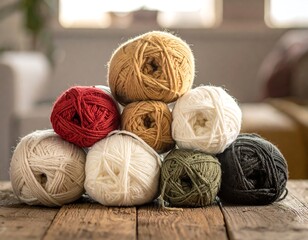 Colorful yarn balls stacked on a wooden table