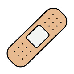 A simple, clean illustration of a tan adhesive bandage with a white absorbent pad, shown at an angle on a plain white background.