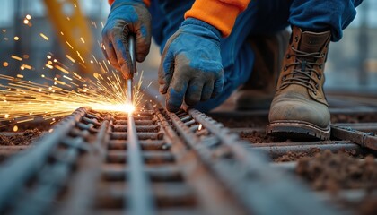 Construction worker welds reinforcement bars on bridge pier. Close-up view shows sparks flying from welding torch. Focus on precision craftsmanship building vital infrastructure. Skilled labor in