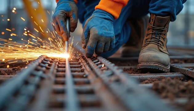 Construction worker welds reinforcement bars on bridge pier. Close-up view shows sparks flying from welding torch. Focus on precision craftsmanship building vital infrastructure. Skilled labor in