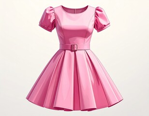 A pink, short-sleeved, belted fit-and-flare dress with puffed sleeves and a defined waist