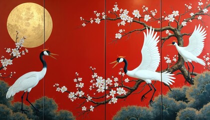 Four-panel folding screen features elegant white cranes in blooming cherry branches against vibrant red background. Golden sun moon adorns left panel, oriental Chinoiserie design. Artwork evokes