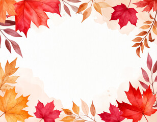 Fototapeta premium Vibrant Watercolor Autumn Leaves Frame Border with Warm Fall Colors and Central Copy Space.
