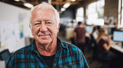 Senior man wearing plaid shirt smiling in modern office environment with colleagues working at computers in the background and natural light coming through large windows.