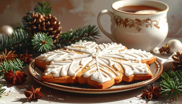 Festive snowflake gingerbread cookie with icing and tea