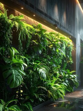Living wall of green plants indoor, slow tilt up, dewy leaves, ambient daylight
