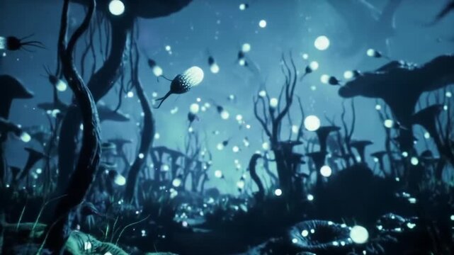 Mysterious Underwater Exploration, Glow-in-the-Dark Creatures, Fantastical Forest, Digital Art, Ethereal Environment