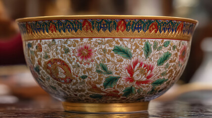 Ornate decorative bowl with intricate floral patterns and golden accents, displayed against a blurred background in a warm and inviting setting filled with cultural elements