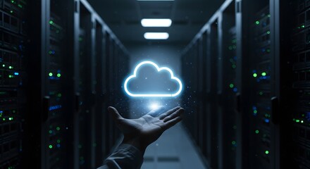Hand holding glowing cloud icon in server room, representing data storage and connectivity.