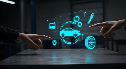 Automotive diagnostics and repair concept with glowing digital interface and hands pointing (3d style)