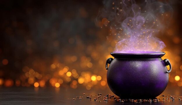 A purple cauldron with smoke and glowing liquid inside, on a halloween background