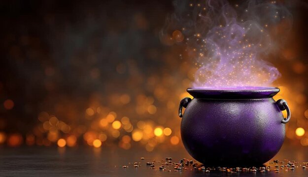 A purple cauldron with smoke and glowing liquid inside, on a halloween background