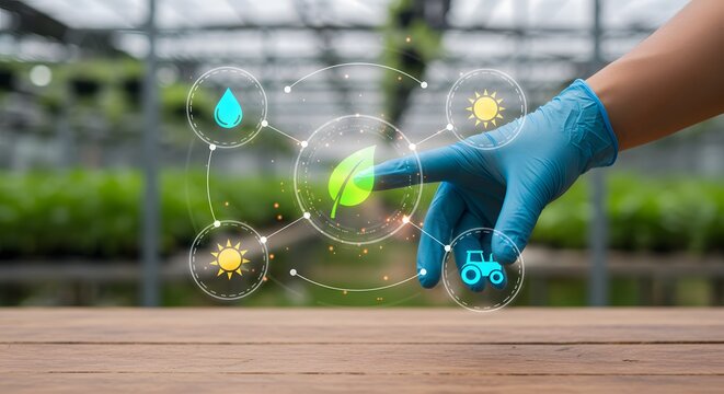 Sustainable agriculture concept with glowing digital interface and hand in protective glove, modern farming.
