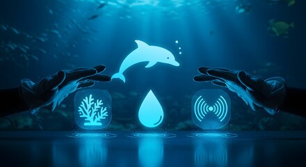 Ocean conservation concept with glowing dolphin, coral, water drop, and connectivity symbols underwater.