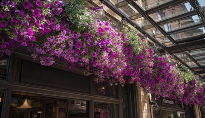 Vibrant purple petunias blooming above shop