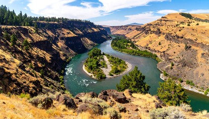 Panoramic view of a winding river through a canyon