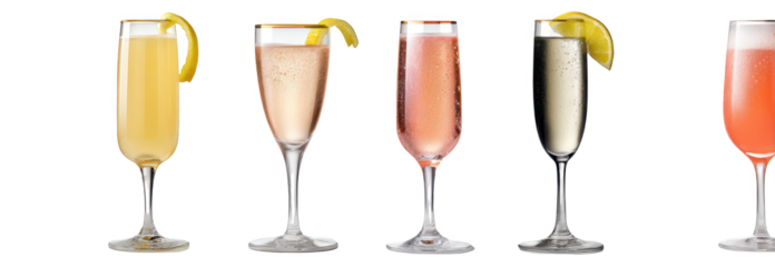 High quality photo of various elegant bubbly cocktails in champagne flutes isolated on transparent background
