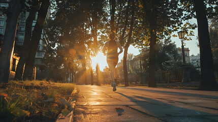 a young athlete jogging in the city park at sunrise, modern sportswear, motivational and energetic vibe, cinematic ad shot, 16:9