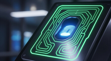 Futuristic biometric scanner with glowing green circuits and fingerprint imprint