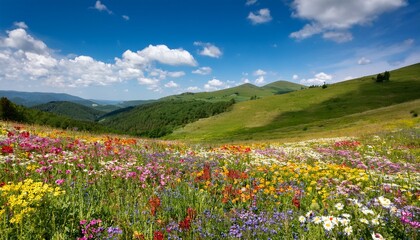 Obraz premium A Vibrant And Colorful Wildflower Meadow Stretches Towards Rolling Hills Under A Bright Blue Sky Dotted With White Clouds Capturing The Essence Of Spring