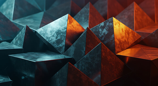 Dynamic geometric abstract pattern showcasing contrasting cool blue and warm orange textured facets, creating a modern and visually striking background