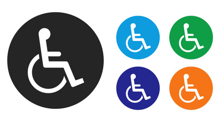 Black wheelchair user icon with a colorful set of variations. Graphic symbol representing disability, handicap access, and universal accessibility