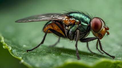 Naklejka premium Close-up of green bottle fly on leaf