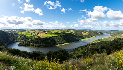 Panoramic view of a winding river valley