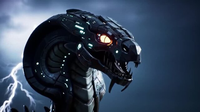 Robotic Serpent, Futuristic Landscape, Digital Art, Cyber Environment, High-Contrast Perspective