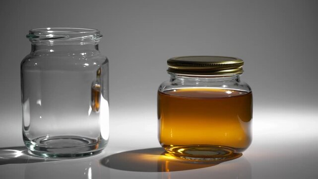 Visual comparison of an empty jar and a jar filled with golden liquid