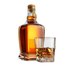 A bottle of amber liquor stands next to a glass of the same liquid filled with ice all against a transparent background casting subtle highlights