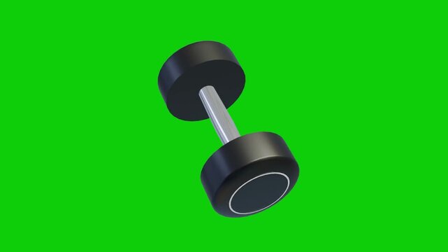 3D fitness dumbbell animated spinning loop animation isolated on a solid Green Background, 4k high resolution gym workout icon dumbbell rotating 360 degrees on a chroma key Transparent Background