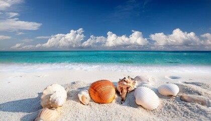 Obraz premium Seashells Over White Sand At Tropical Seashore