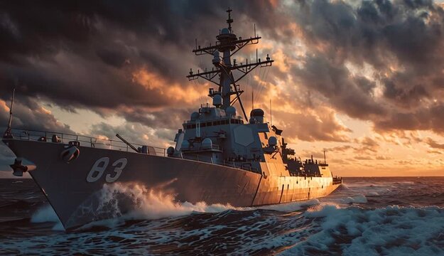 Naval destroyer cruises rough sea under dramatic stormy skies and golden glowing clouds. Powerful warship patrols ocean waves