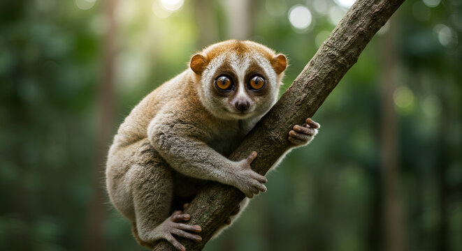 A slow loris with big eyes is perched on a tree branch in a tropical forest, looking natural and exotic.