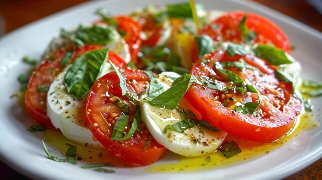 Close up of a caprese salad with tomatoes mozzarella and basil on a white plate delicious food