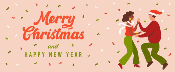 Merry Christmas and Happy New Year banner. Vector illustration. Card template. Couple dancing in a party